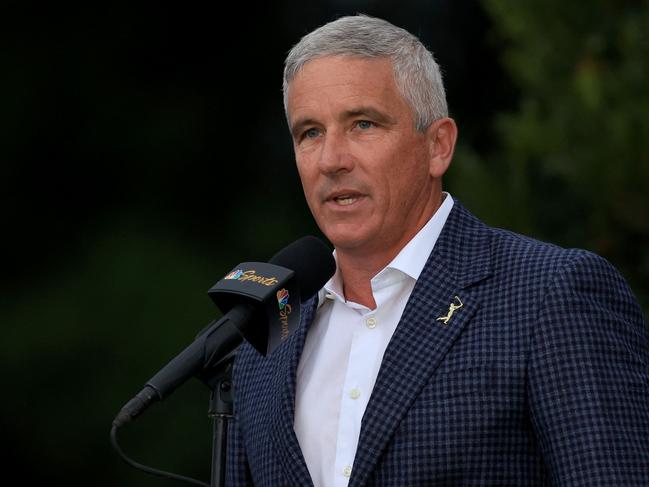 (FILES) Jay Monahan, PGA TOUR Commissioner, speaks during the trophy ceremony during the final round of THE PLAYERS Championship on THE PLAYERS Stadium Course at TPC Sawgrass in Ponte Vedra Beach, Florida, on March 12, 2023. Commissioner Jay Monahan said the PGA Tour could not afford a legal fight with LIV Golf's Saudi backers and higher purses to prevent player defections, The Wall Street Journal reported June 10, 2023. (Photo by SAM GREENWOOD / GETTY IMAGES NORTH AMERICA / AFP)