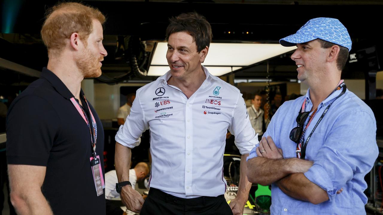 Prince Harry, Duke of Sussex speaks to Mercedes GP Executive Director Toto Wolff in the garage prior to the F1 Grand Prix. Picture: Chris Graythen/Getty Images