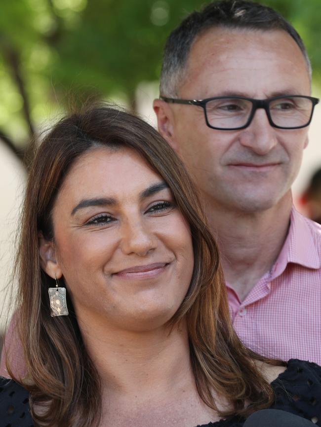 Greens candidate Lidia Thorpe with Senator Richard Di Natalie in Northcote. Picture: David Crosling