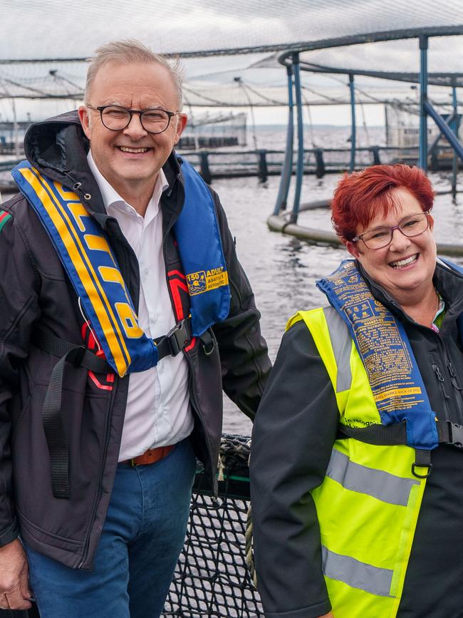 Anthony Albanese and Senator Anne Urquhart visit the Tassal salmon pens in Strahan, Tasmania. Picture: NewsWire