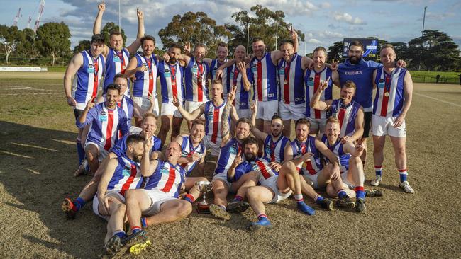 VAFA: Oakleigh players celebrate their VAFA Masters premiership. Picture: Valeriu Campan