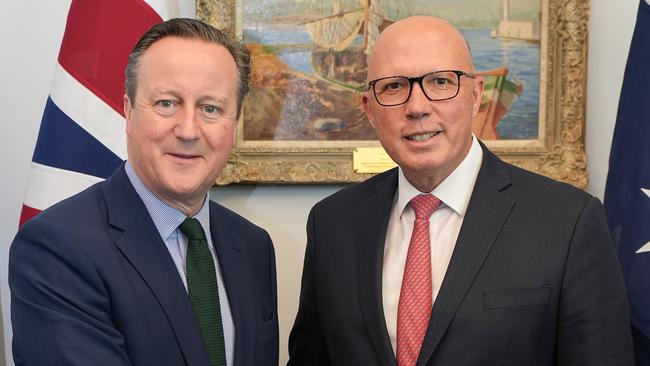 Opposition Leader Peter Dutton, right, with UK Foreign Secretary and former Conservative prime minister David Cameron. Picture: X