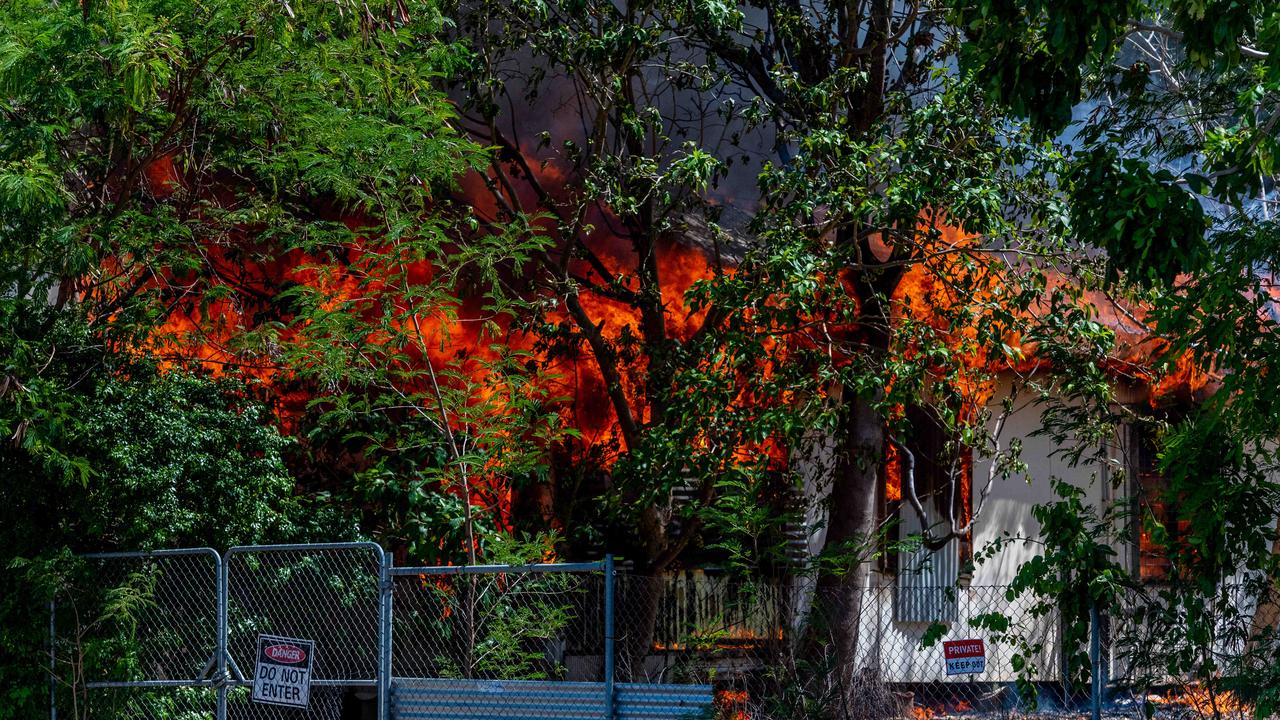 A fire has totally destroyed a house right next to DarwinÃ&#149;s tallest high-rise building, with the full range of emergency services rushing to the scene of the ferocious blaze. The fire on McMinn St is under investigation. picture: Che Chorley