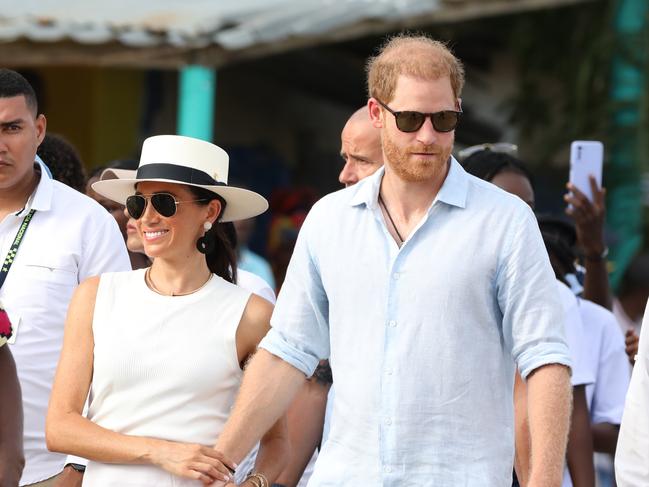 PALENQUE, COLOMBIA - AUGUST 17: Prince Harry, Duke of Sussex and Meghan, Duchess of Sussex are seen in the streets of San Basilio de Palenque during a visit around Colombia on August 17, 2024 in Cartagena, Colombia. (Photo by Vizzor Image/Getty Images)