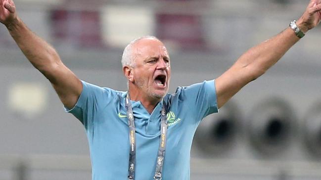 DOHA, QATAR - OCTOBER 07: Australia's coach Graham Arnold reacts during the 2022 FIFA World Cup Qualifier match between Australia and Oman at Khalifa International Stadium on October 7, 2021 in Doha, Qatar. (Photo by Mohamed Farag/Getty Images)