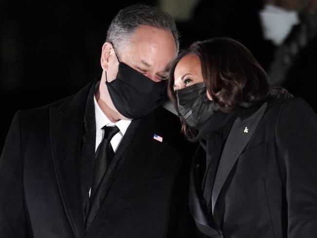 New US Vice President Kamala Harris with her husband, Doug Emhoff, watch Inauguration Day fireworks from Washington DC’s Lincoln Memorial. Picture: AFP