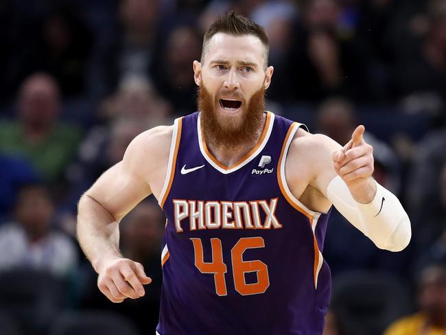 SAN FRANCISCO, CALIFORNIA - OCTOBER 30:  Aron Baynes #46 of the Phoenix Suns reacts after making a basket against the Golden State Warriors at Chase Center on October 30, 2019 in San Francisco, California.  NOTE TO USER: User expressly acknowledges and agrees that, by downloading and or using this photograph, User is consenting to the terms and conditions of the Getty Images License Agreement. (Photo by Ezra Shaw/Getty Images)