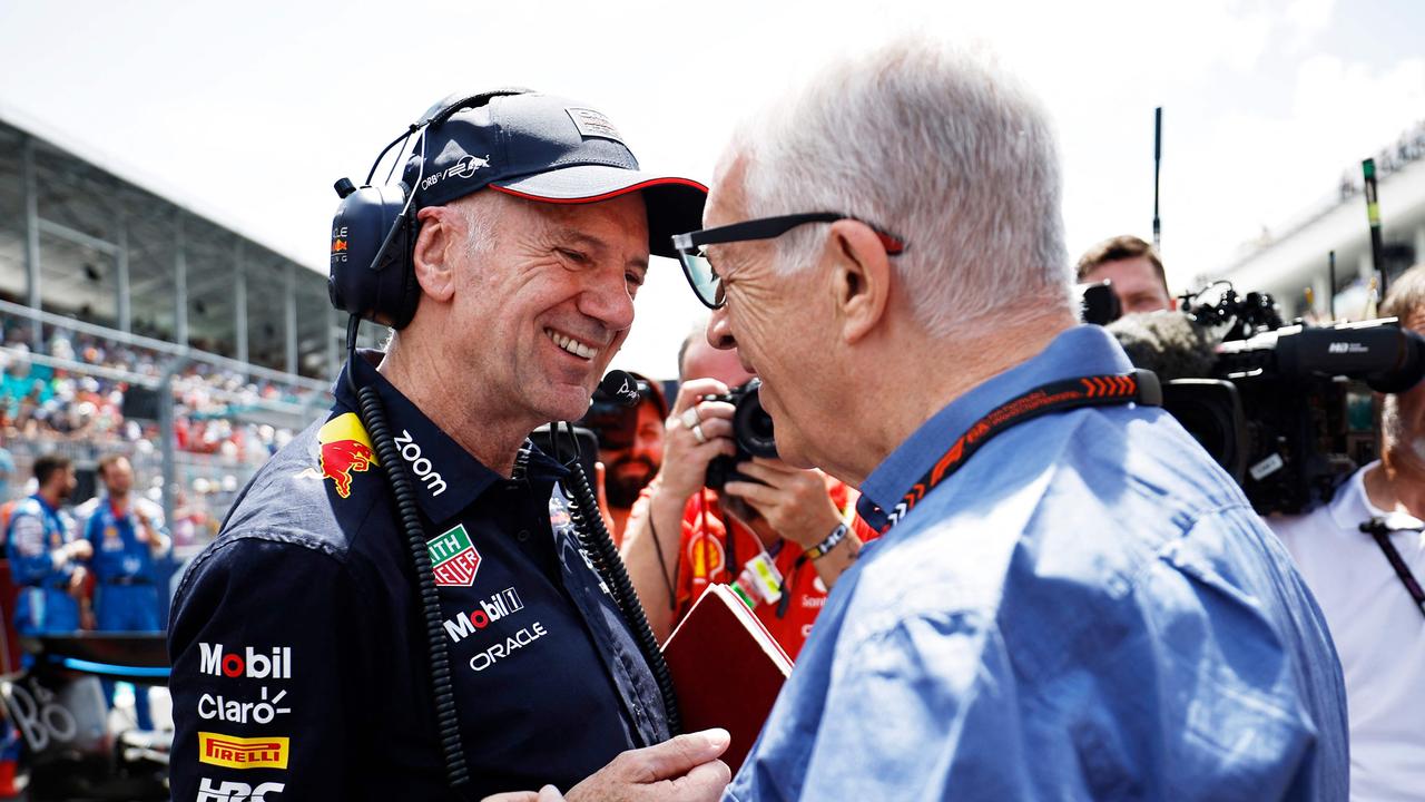 Adrian Newey, the Chief Technical Officer of Oracle Red Bull Racing talks with Piero Ferrari. Photo: Chris Graythen/Getty Images/AFP.