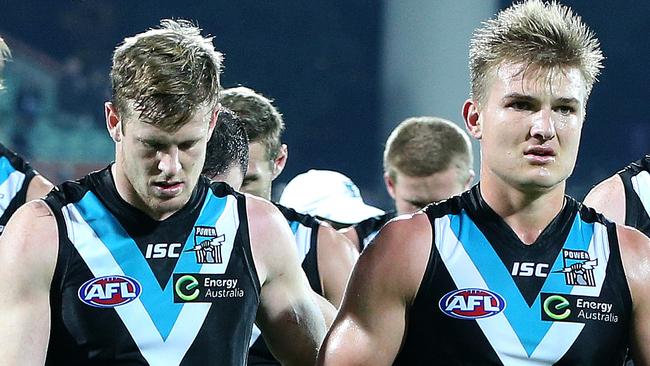 Port Adelaide will break a 149-year tradition by appointing two captains for the 2019 AFL season — Tom Jonas, left, and Ollie Wines. Picture: Sarah Reed