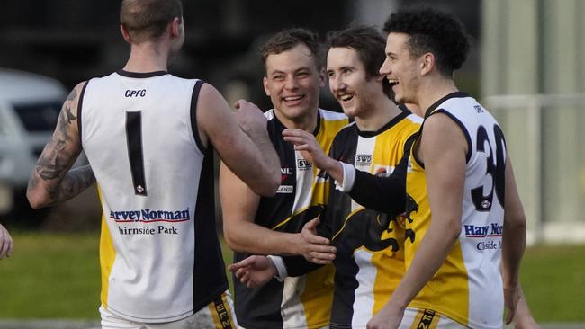 EFL Division 4 football 2022: Croydon North-MLOC v Chirnside Park at Hughes Park. Rowville players celebrate goal. Picture: Valeriu Campan