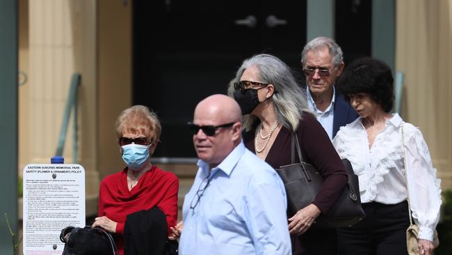 Mrs Caddick’s brother Adam Grimley and parents Ted (far right) and Barbara (far left) attended a funeral service for the missing fraudster at an Eastern Suburbs memorial park several weeks ago. Picture: John Grainger