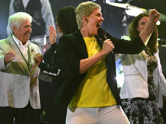 Olympian Natalie Cook celebrates the announcement that Brisbane will host the 2032 Olympic Games. Picture: NCA NewsWire / Dan Peled