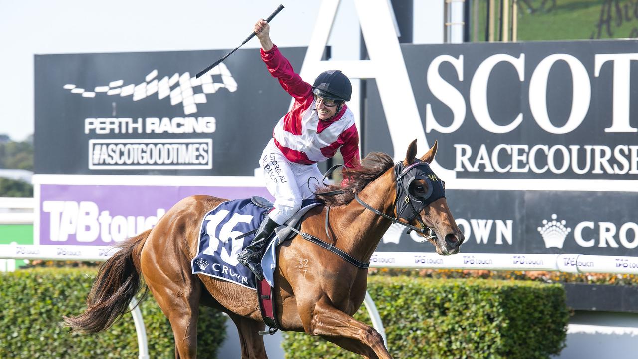 William Pike celebrates after Graceful Girl trounced her rivals in the Group 1 Winterbottom Stakes at Ascot. Picture: Western Racepix