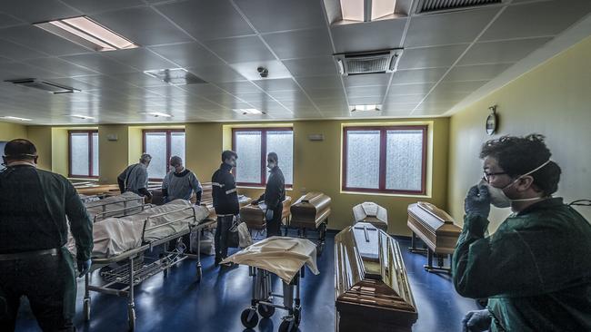 Coffins at the Ponte San Pietro Hospital in the north Italian province of Bergamo. Picture: Fotogramma/Abaca via Zuma Press