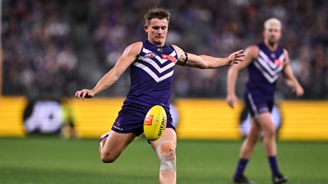 Caleb Serong kicks. (Photo by Daniel Carson/AFL Photos via Getty Images)