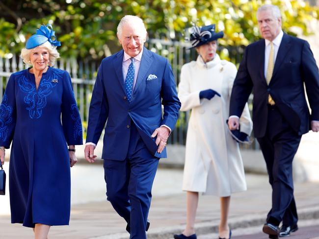 Andrew with the King and Queen, along with Princess Anne, during the family’s Easter outing in 2023. Picture: Max Mumby/Indigo/Getty Images