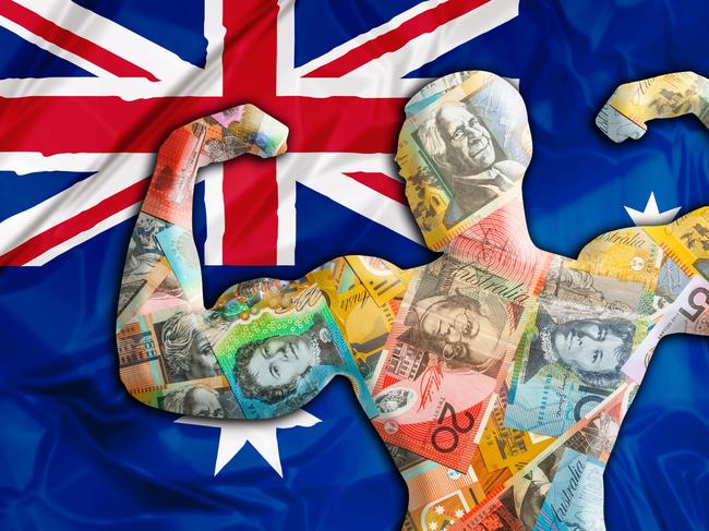 Abstract business background. Concept of powerful Australian Dollar. Australia Flag and bodybuilder shaped AUD currency. Financial concept about exchange rate of Australian dollars.