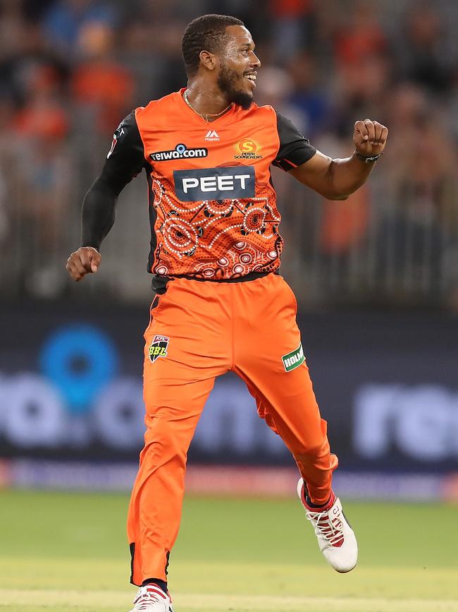 Chris Jordan of the Scorchers celebrates the wicket of Daniel Sams of the Thunder during the Big Bash League match between the Perth Scorchers and the Sydney Thunder at Optus Stadium on January 20, 2020 in Perth, Australia. (Photo by Paul Kane/Getty Images)