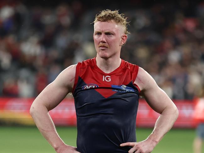 MELBOURNE, AUSTRALIA - SEPTEMBER 15: Clayton Oliver of the Demons is dejected after the Demons were defeated by the Blues during the AFL First Semi Final match between Melbourne Demons and Carlton Blues at Melbourne Cricket Ground, on September 15, 2023, in Melbourne, Australia. (Photo by Robert Cianflone/Getty Images)