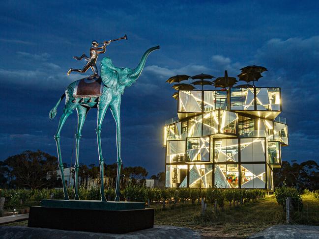 Salvador Dali’s coveted 6m-tall bronze sculpture Triumphant Elephant is in Australia for the first time, at the d’Arenberg Cube in McLaren Vale. Photo: Matt Turner