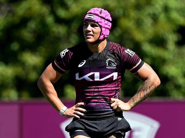 BRISBANE, AUSTRALIA - APRIL 08: Reece Walsh is seen during a Brisbane Broncos NRL training session at Clive Berghofer Field on April 08, 2024 in Brisbane, Australia. (Photo by Bradley Kanaris/Getty Images)