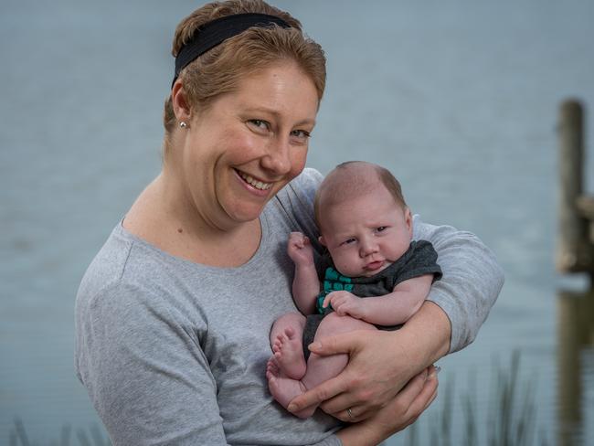 Cancer mum Katy Reitch with her 6 week old baby Ryan. Picture: Jake Nowakowski