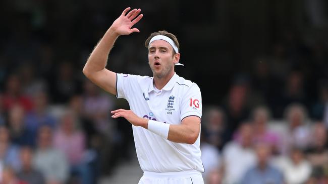 England bowler Stuart Broad reacts during day four.