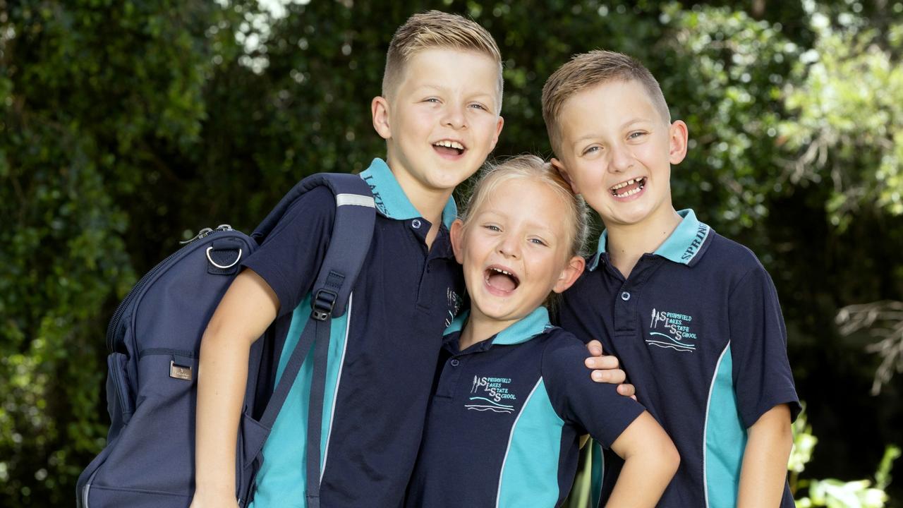 Jonty, Bridget and Cooper de Beer ready for their first day at Ipswich’s Springfield Lakes State School Picture: Renae Droop/RDW Photography