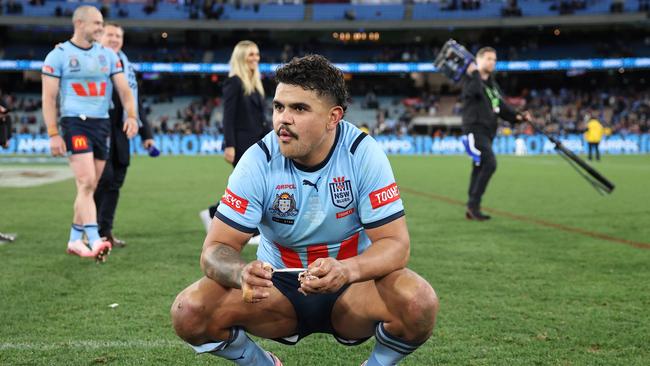 Latrell Mitchell of the Blues reacts after winning game two. (Photo by Cameron Spencer/Getty Images)