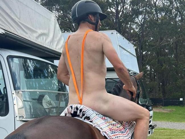 Shane Rose rode wearing only a mankini at the Wallaby Hill Extravaganza. Picture: Instagram