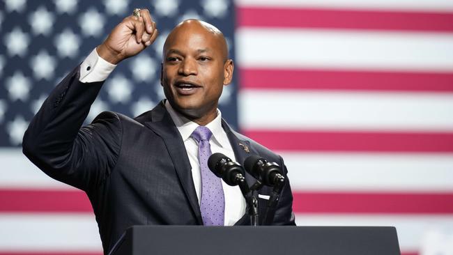 Jamie Harrison revs up a rally at Richard Montgomery High School in Rockville, Maryland, on Thursday. Picture: AFP