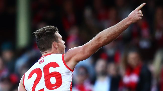 Sydney's Luke Parker celebrates after kicking a goal during the Sydney Swans v North Melbourne Round 18 AFL match at the SCG on July 13, 2024.. Photo by Brett Costello(Image Supplied for Editorial Use only - **NO ON SALES** - Â©Brett Costello )