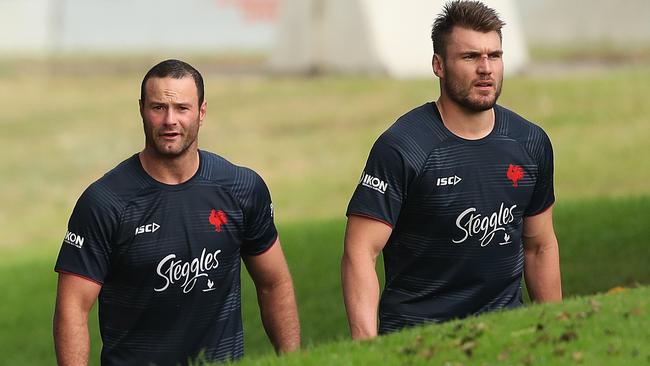 Roosters captain Boyd Cordner (left), pictured with Angus Crichton, is out of the World Club Challenge match against St Helens. Picture. Phil Hillyard