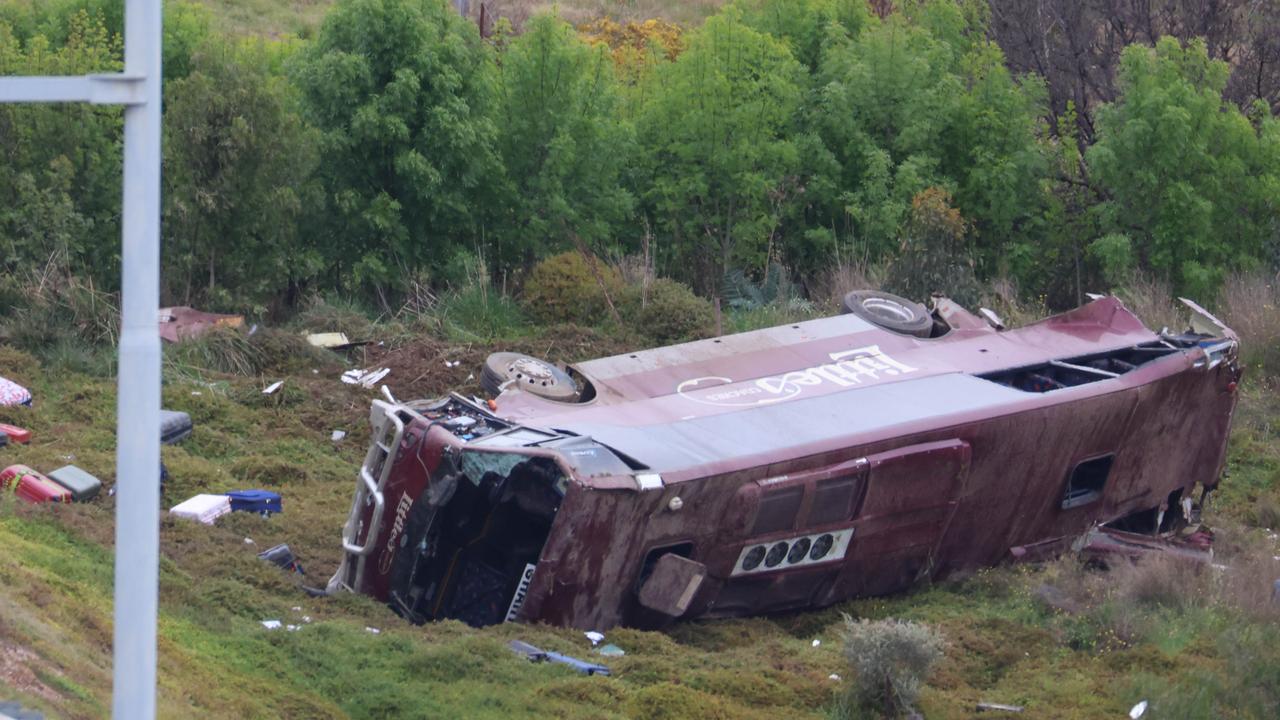 Police are investigating a collision between a truck and school bus in Bacchus Marsh early this morning. Picture: Brendan Beckett