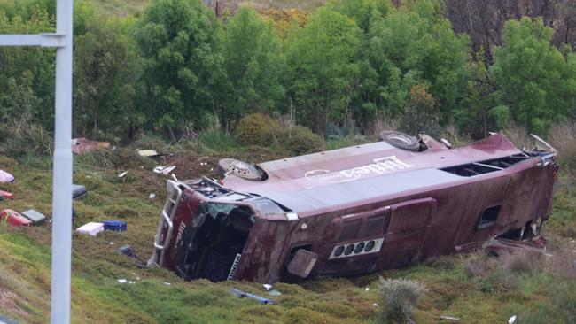Police are investigating a collision between a truck and school bus in Bacchus Marsh early this morning. Picture: Brendan Beckett