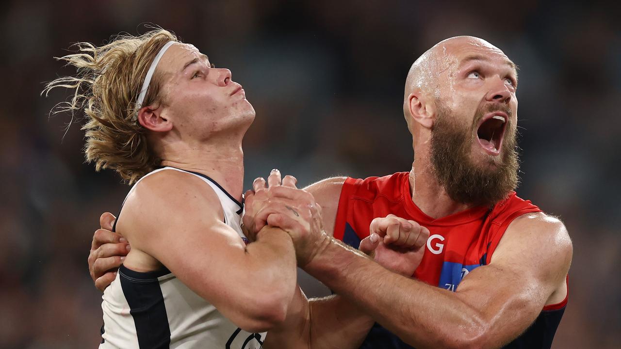 Max Gawn of the Demons and Tom De Koning of the Blues during the match between Melbourne and Carlton. Photo by Michael Klein.