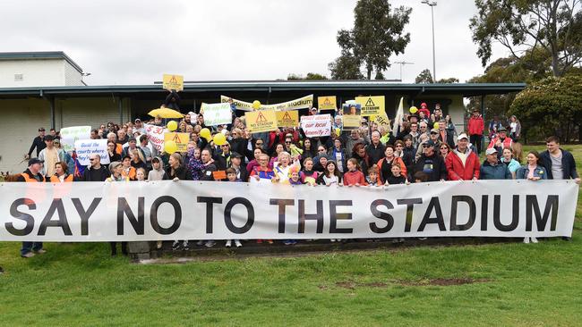 Many locals have protested the stadium build since it was announced Percy Treyvaud was the preferred location in 2016. Picture: Lawrence Pinder