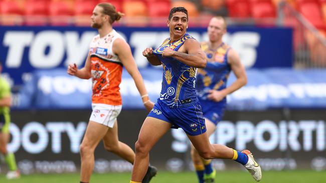 Isiah Winder of the Eagles celebrates kicking a goal during the round 10 AFL match between the Greater Western Sydney Giants and the West Coast Eagles at GIANTS Stadium on May 22, 2022 in Sydney, Australia. (Photo by Mark Metcalfe/AFL Photos/Getty Images)