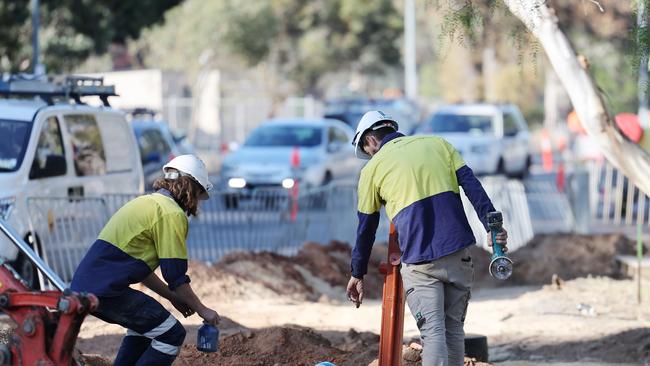 Construction workers on a building site in Hutt Street, central Adelaide. Picture: David Mariuz/NCA NewsWire