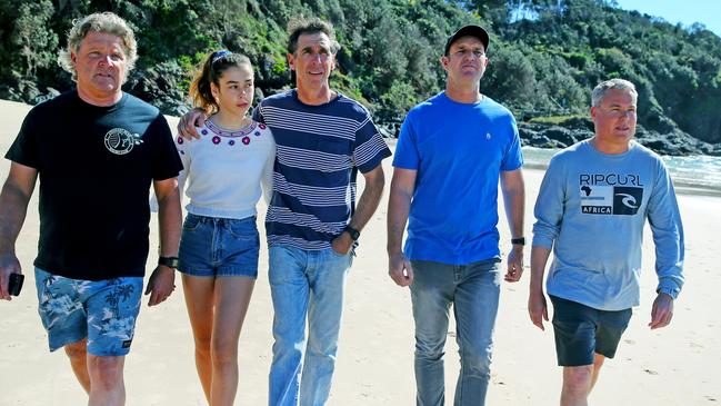 (L-R) Surfers Peter Lobb, Domi Toohey, Jed Toohey, Paul Munro and Mark White helped rescue Ms Doyle. Picture: Nathan Edwards