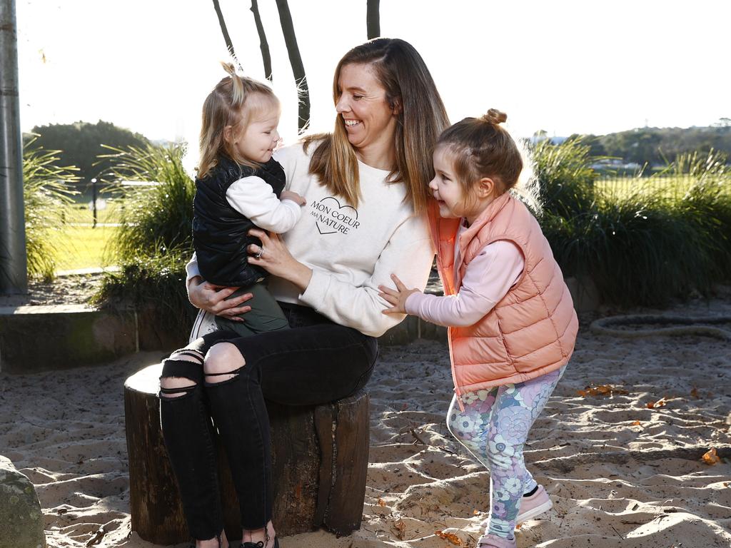 Mum Clare Howie, with her two children Addison, two, and Isla, four, welcomed an extra year of early education. Picture: Richard Dobson