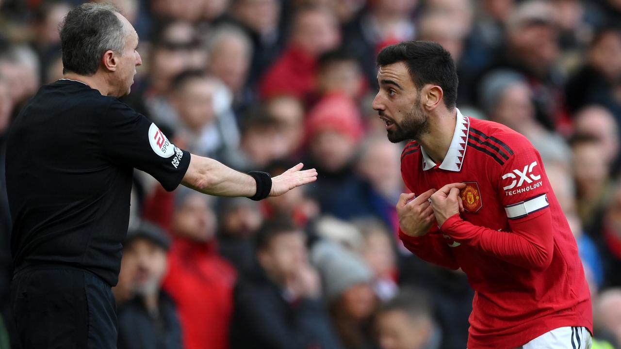 Bruno Fernandes pleads his case to the assistant referee for his goal to stand. (Photo by Shaun Botterill/Getty Images)