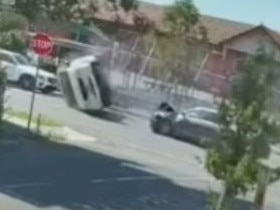 CCTV has captured the shocking moment a car races through a stop sign, smashing into a van on Essex St, Footscray on November 21, 2024. Picture: Supplied.