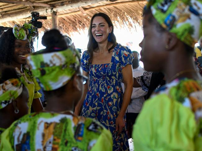 The Duchess of Cambridge dances with Garifuna women at Hopkins Village. Picture: AFP