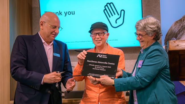 NextSense president David Dinte, Ruth Parramore and Caroline Shelton from the Parramore Family Foundation at the reopening of NextSense, Alstonville Plaza.