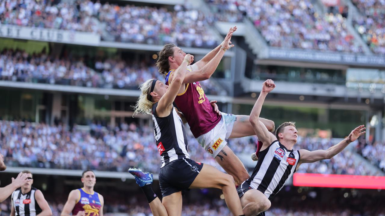 Joe Daniher flys for a mark during the 2023 AFL Grand Final. Picture Lachie Millard