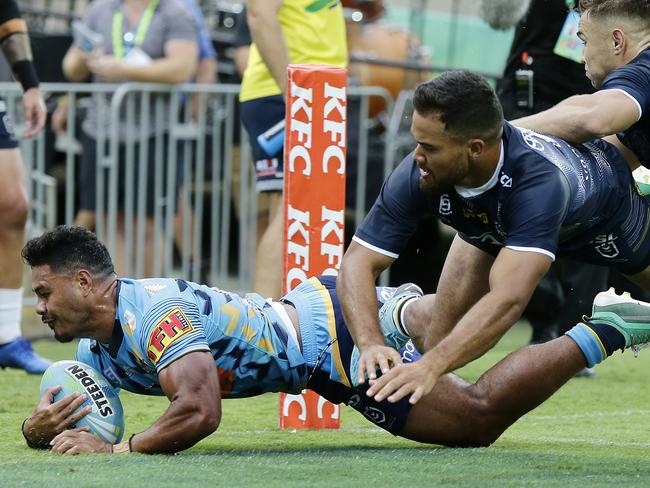 Leleisiuao finds the line against North Queensland. Picture: Will Russell/Getty Images