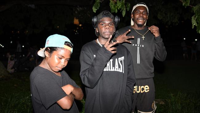 Curtis, Desmond and Travis at Darwin's Waterfront Precinct for New Year's Eve 2024. Picture: Alex Treacy