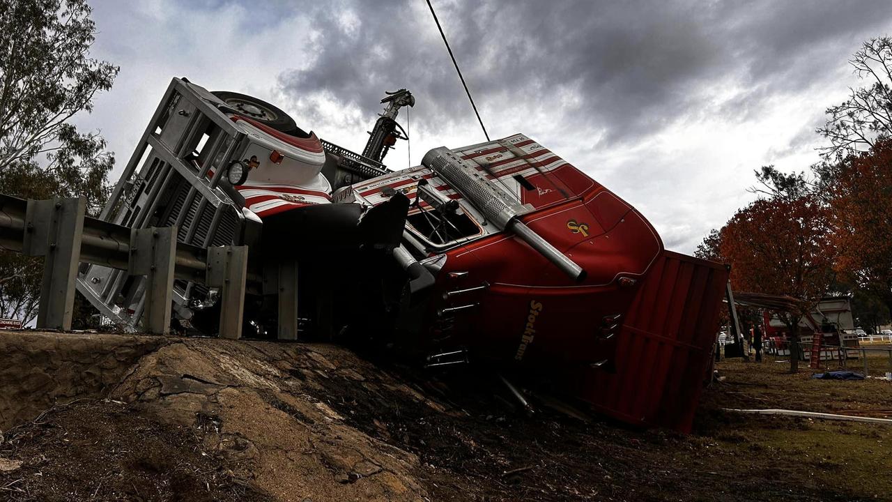 The messy aftermath following a cattle truck crashing near the Warwick CBD (Photo: Chris Munro)