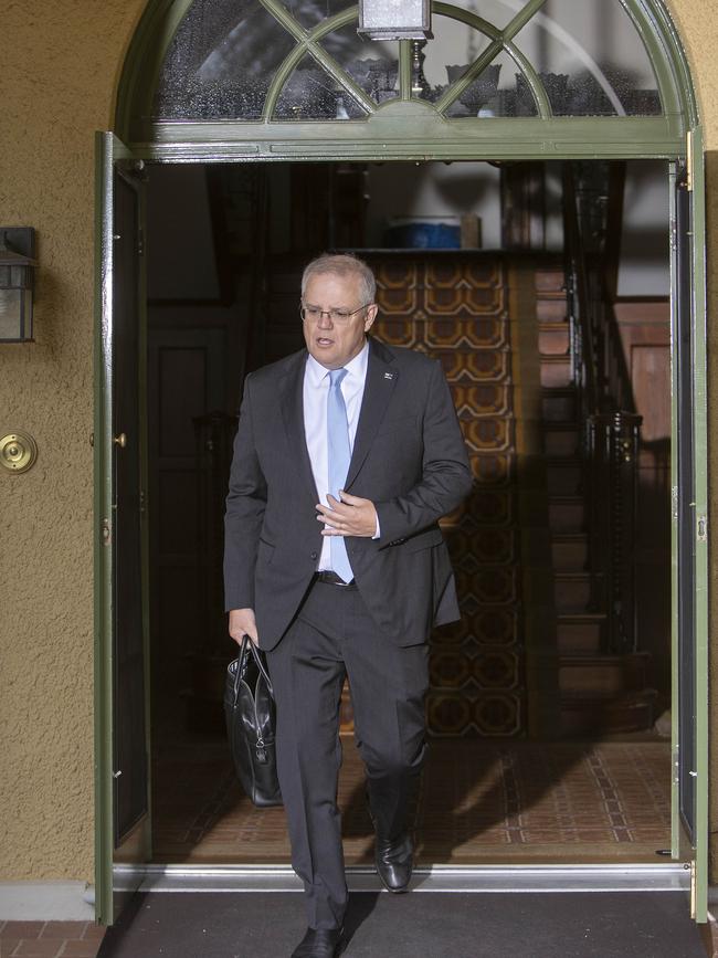 The Prime Minister Scott Morrison leaves the Lodge after his 14 days of quarantine lockdown in Canberra today. Picture: NCA NewsWire / Gary Ramage